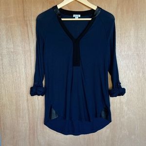 Splendid Blue Top Blouse Popover Tunic Black Vegan Leather Pull-Tab Sleeve XS
